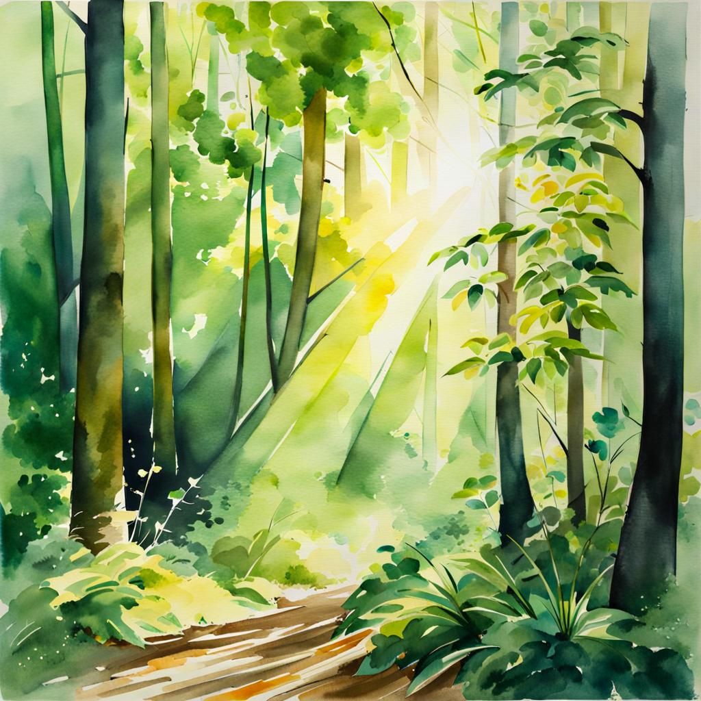 Sunlight Through Leaves: Watercolor Forest Scene