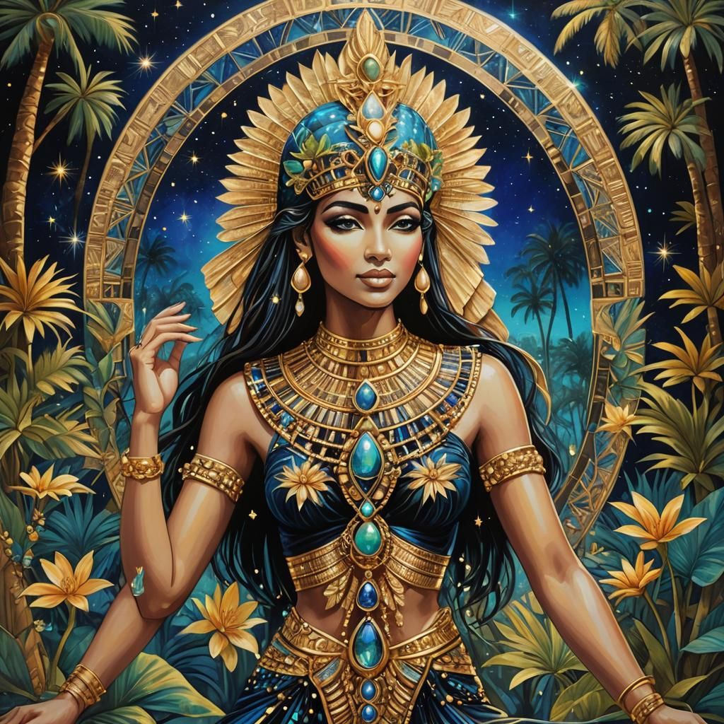 Radiant Egyptian Goddess in Blacklight Painting Style
