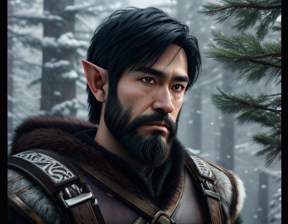 Fantasy Elf Hunter in Winter Forest