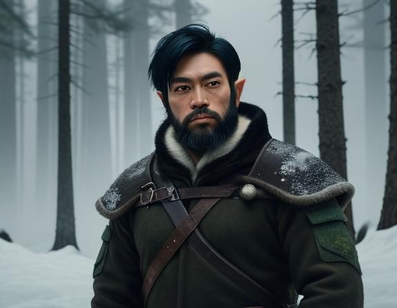 Attractive Elf Hunter in Winter Forest