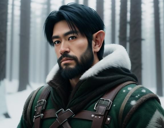 Attractive Elf Hunter in Winter Forest: Cinematic Film Still