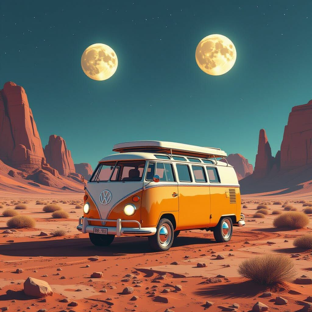 Vintage VW ID. Buzz on Alien Planet Under Twin Moons
