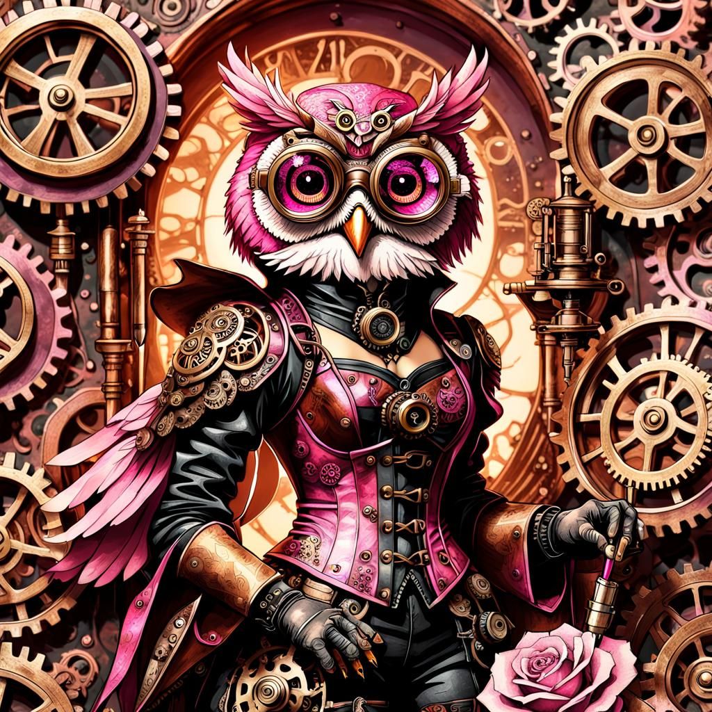 Steampunk Pink Owl with Pen in Goggles