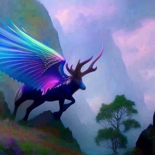Winged Rainbow Elk Portrait in Pre-Raphaelite Style