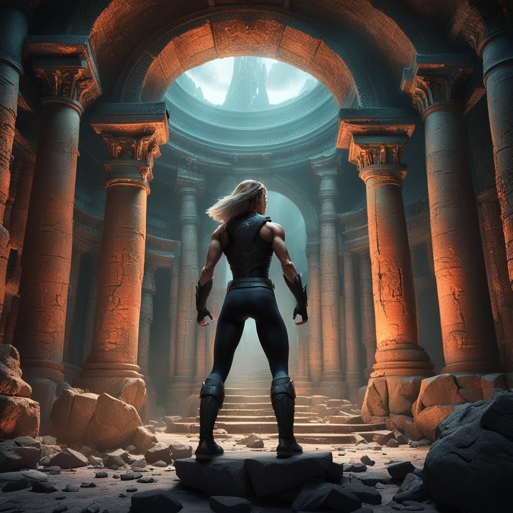 Heroic Fitness Model in Mystical Temple, Digital Art