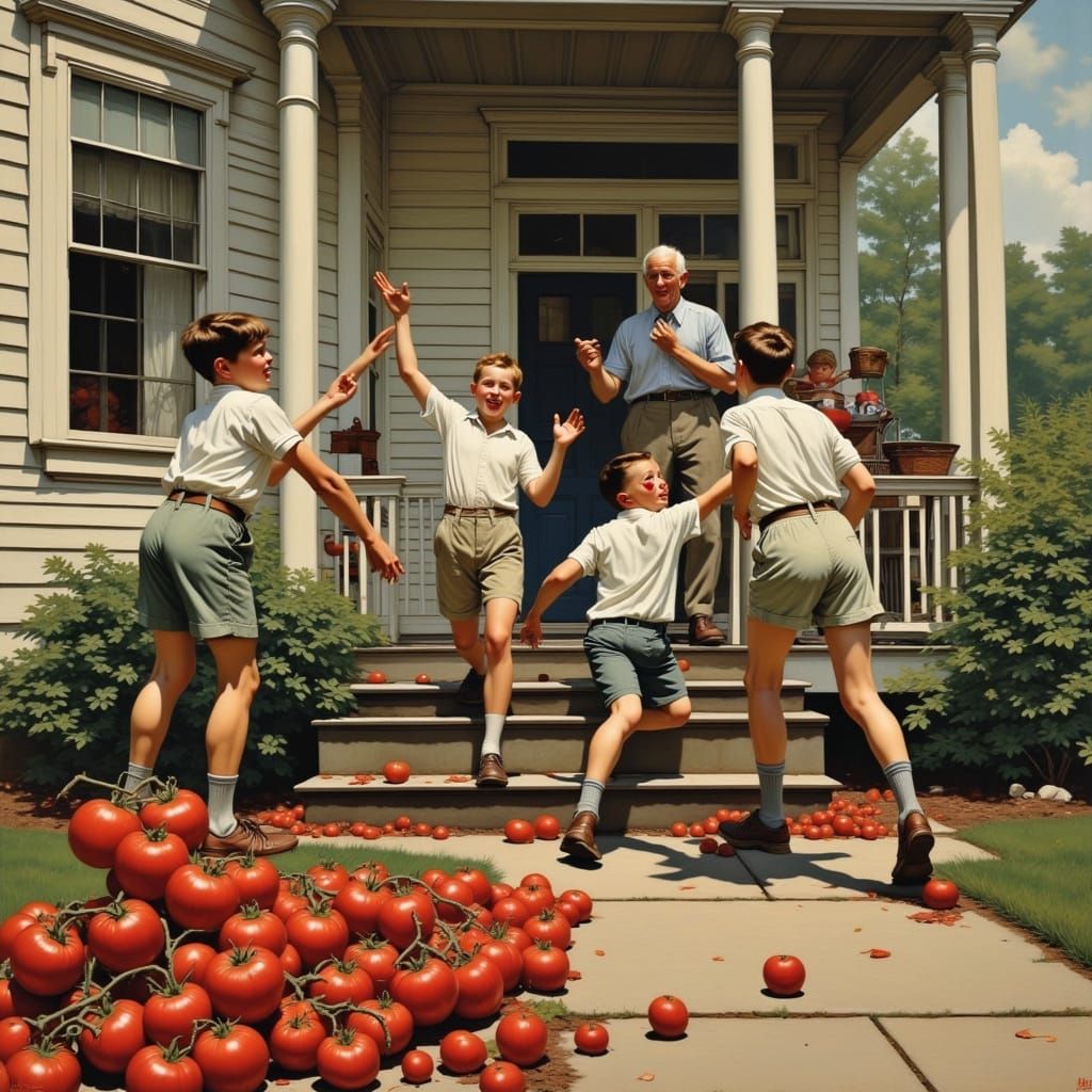 Boys Throwing Tomatoes at House in Norman Rockwell Style
