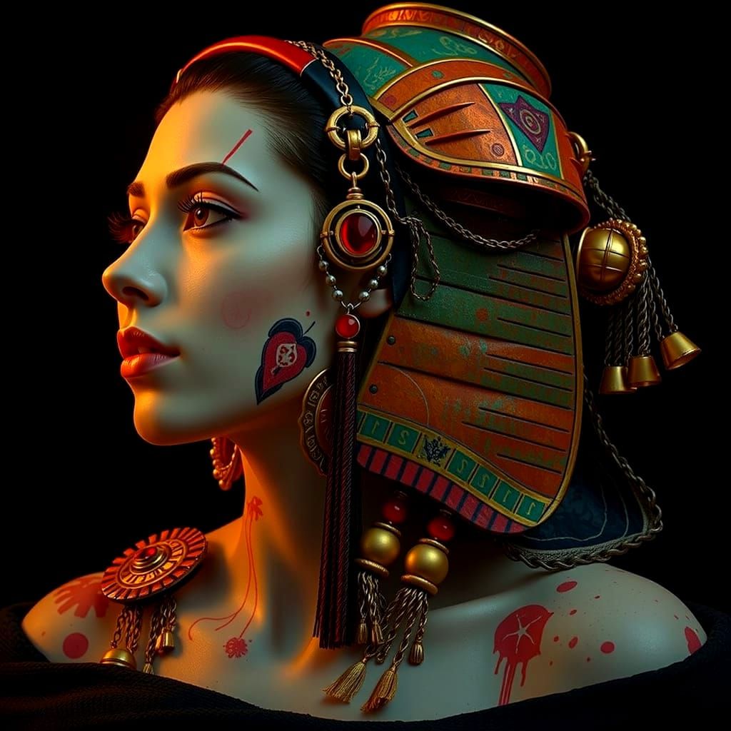 Tutankhamun, Harlequin, and Geisha in Red