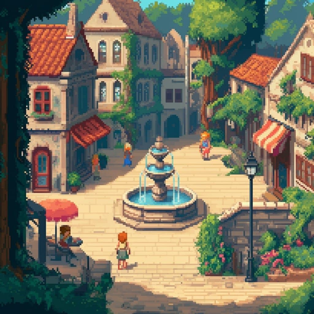 Vibrant Town Plaza in 8-Bit Pixel Art