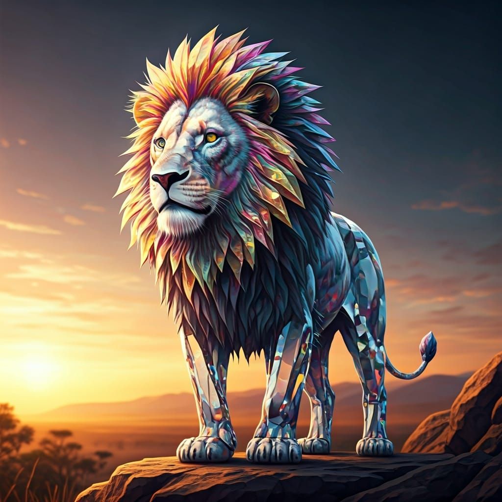 Majestic Crystal Lion Overlooking Savanna in Hyperrealistic ...