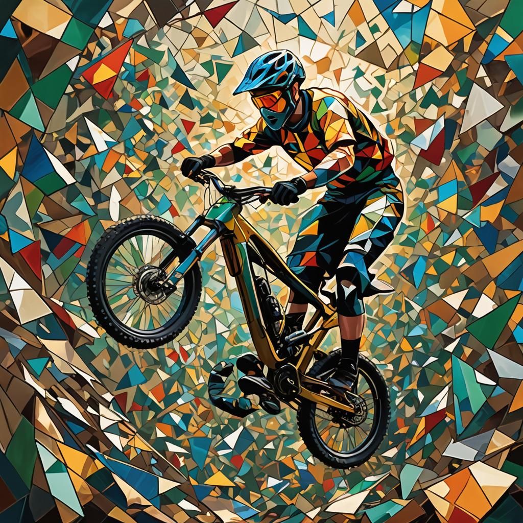 Cubist Mountain Biker in Abstract Landscape