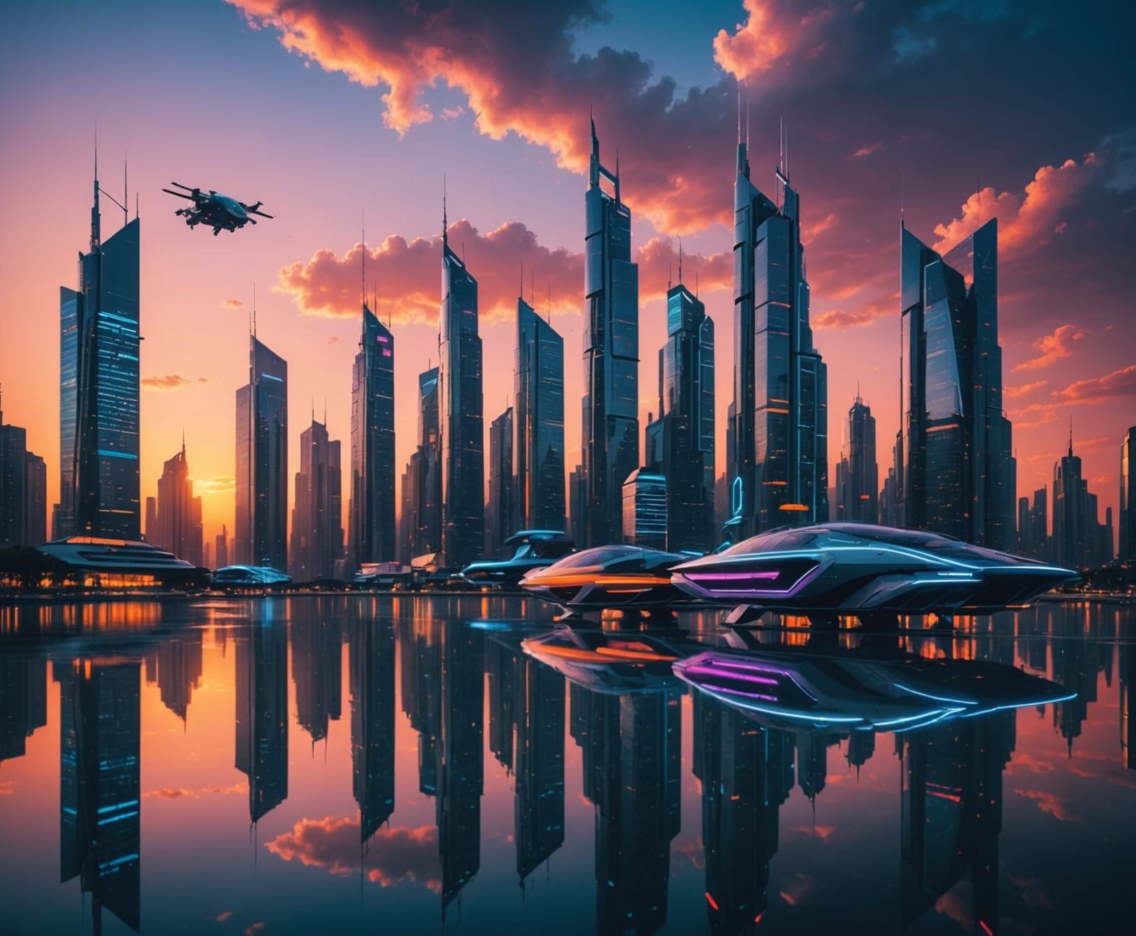 Futuristic city skyline at sunset, neon lights reflecting on...
