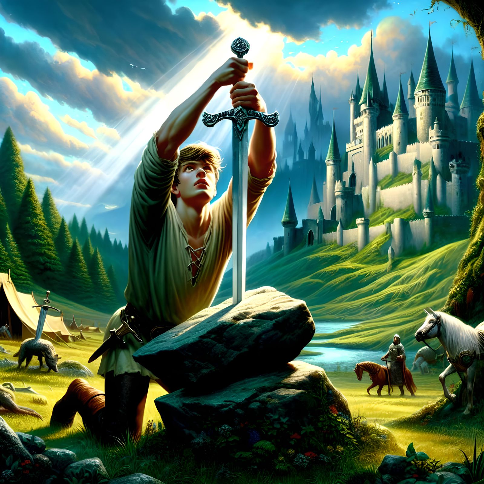 Young Arthur pulls the sword from the stone, fantastical med...