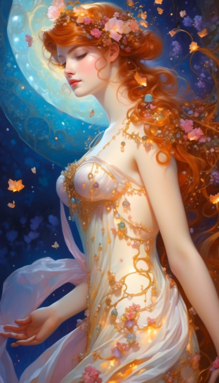 Beautiful Girl with Fireflies, Rococo Digital Painting