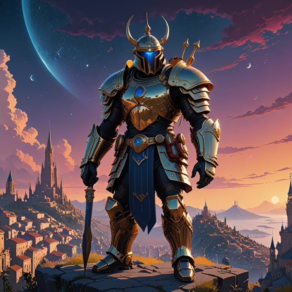 Regal Greek King in a Fantastical Cityscape