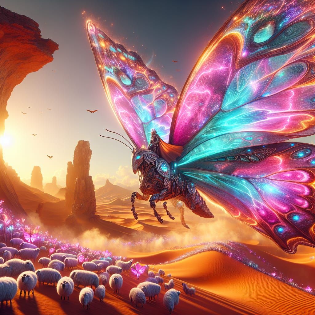 Colossal Iridescent Butterfly Over Desert Landscape