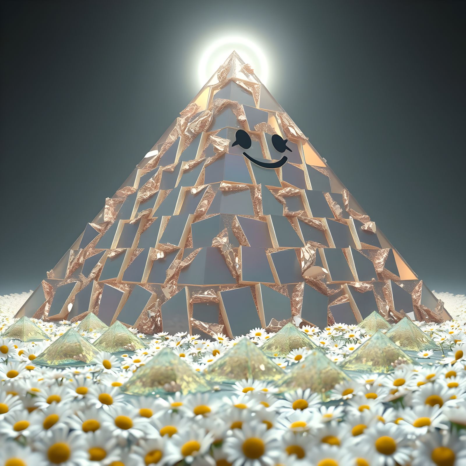 Colossal Chrome Pyramid with Smiling Face in CGI Style