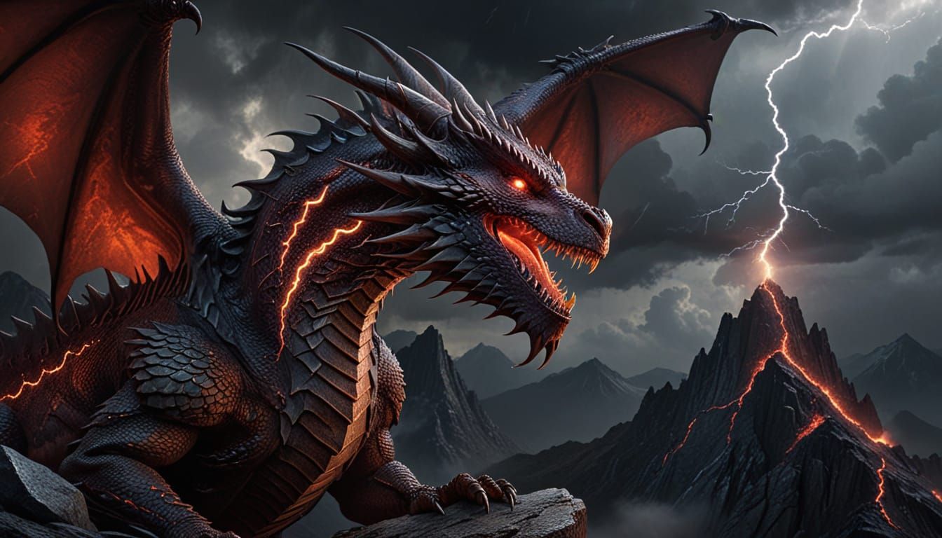 Sad Pale Red Dragon Cries Amidst Stormy Mountain Peak