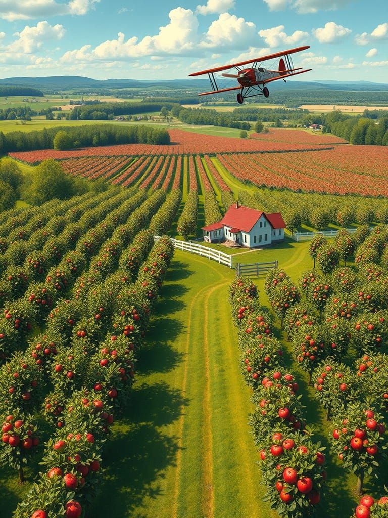 Apple Orchard Vista with Biplane in Gouache Style