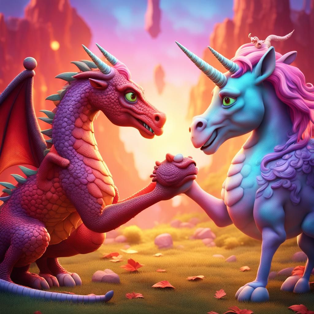 Dragon and Unicorn Holding Hands in 3D Style