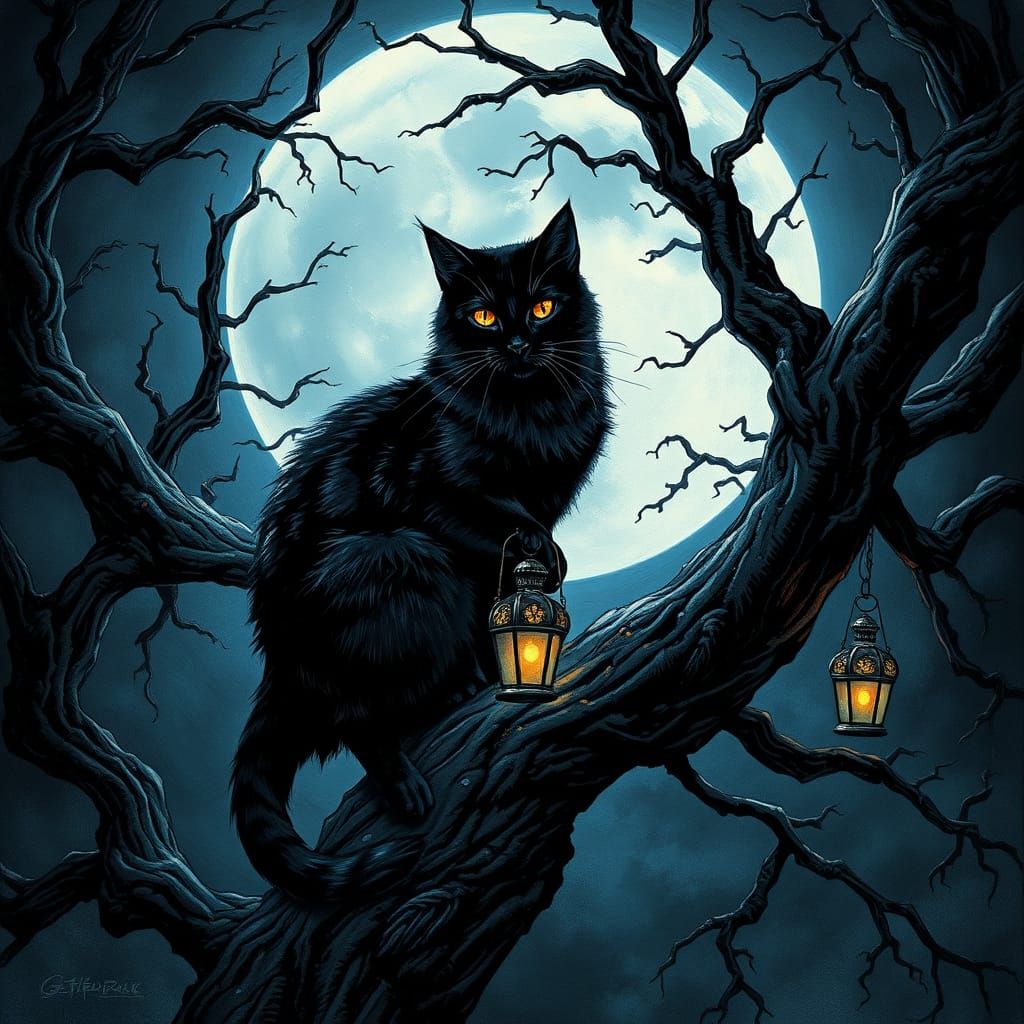 Mystical Black Cat in Silver Moonlight