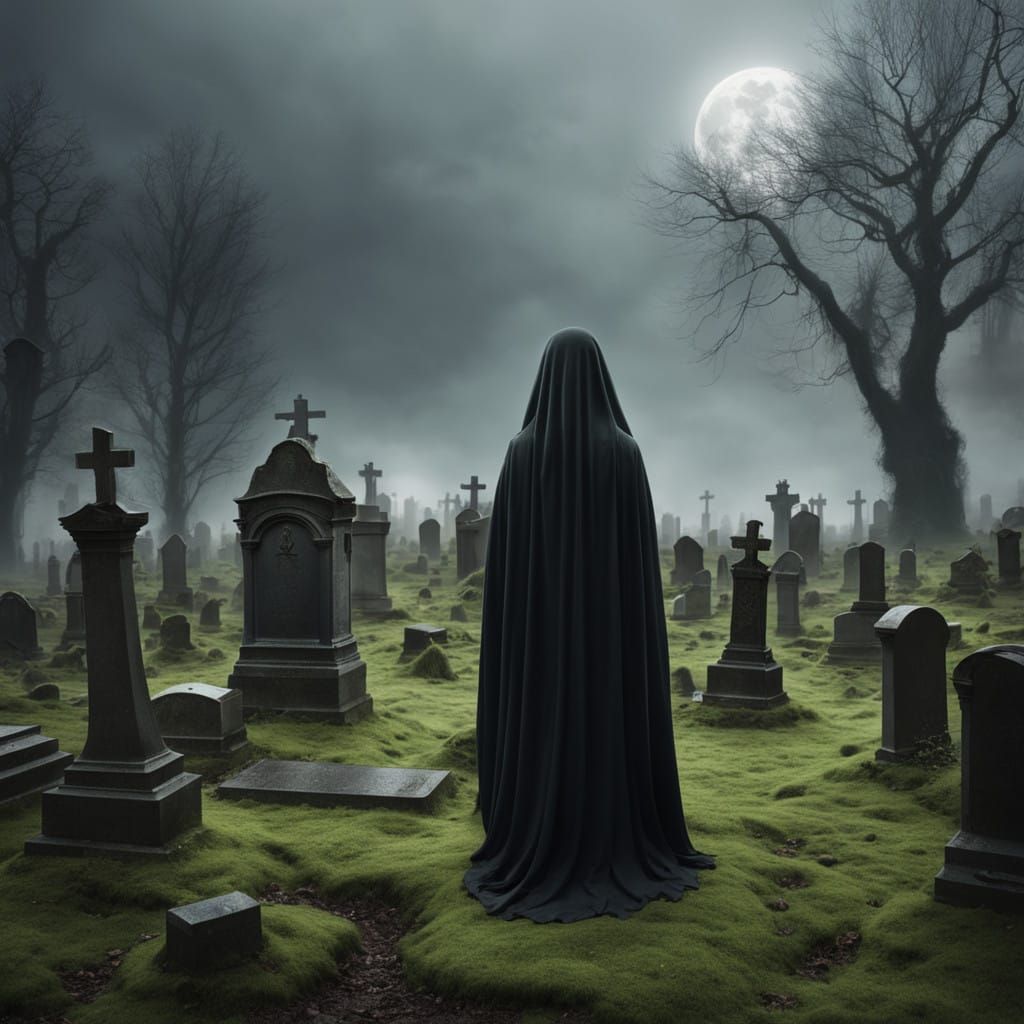 Mourning Widow in a Haunting Graveyard Scene