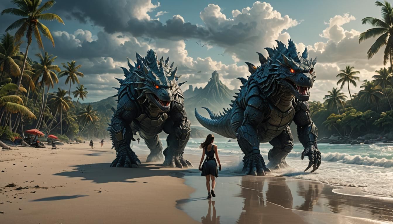 Cyborg Girl Walks Godzilla on Tropical Beach