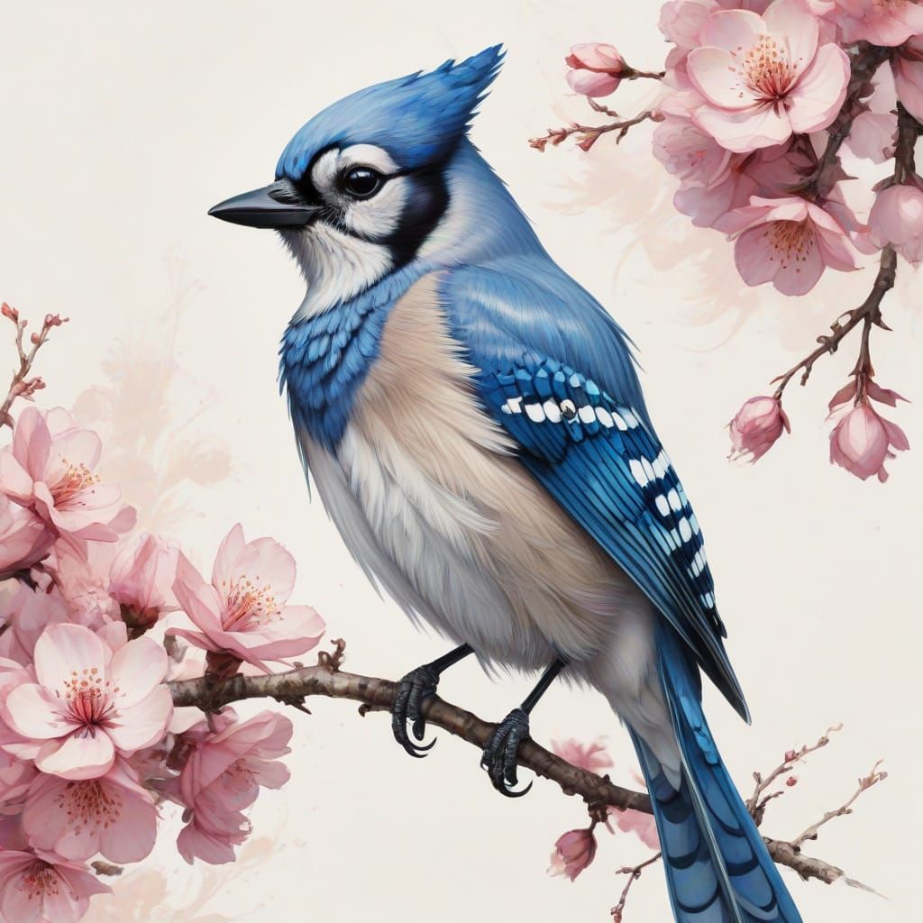 Whimsical Blue Jay on Blossoming Branch in Mixed Artistic St...