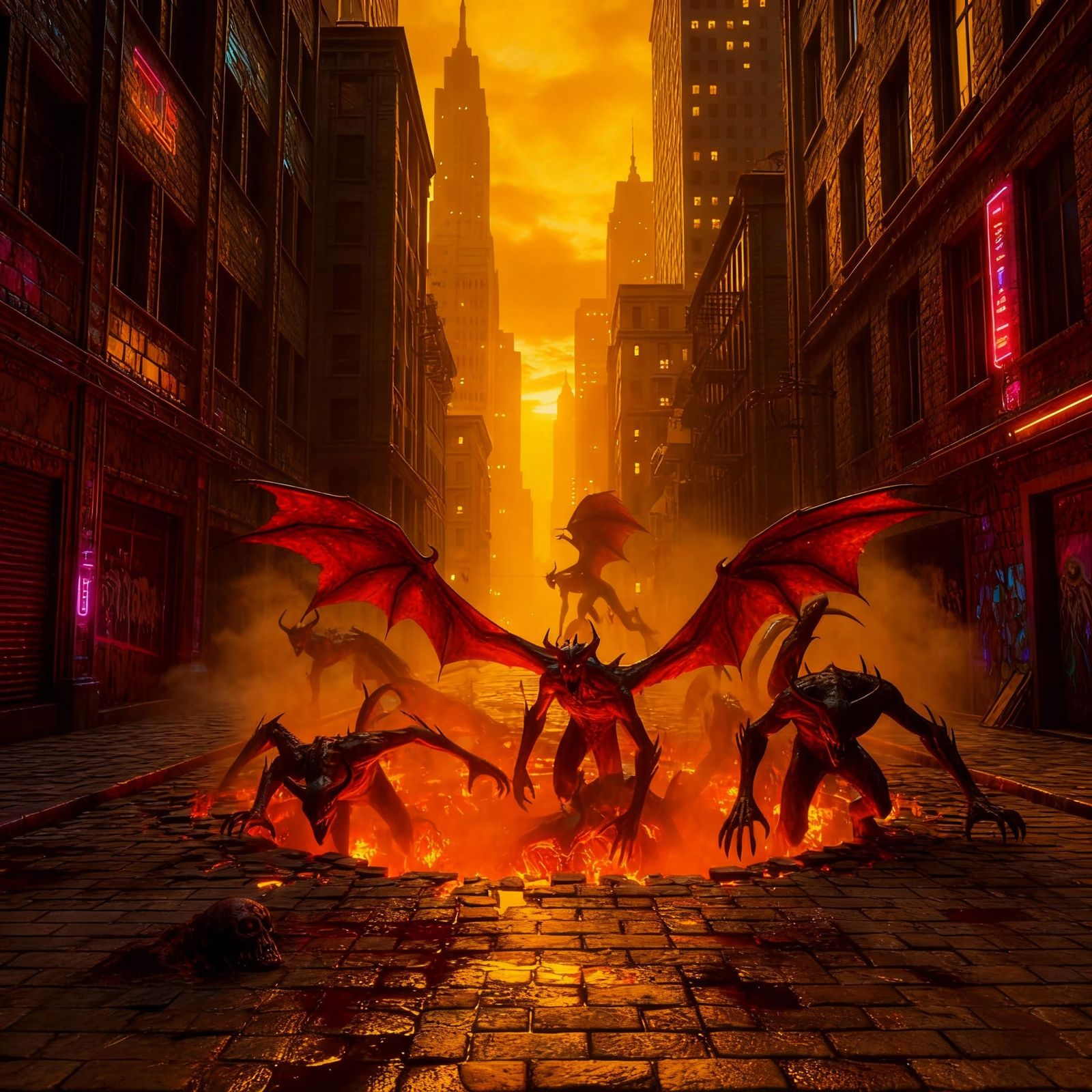 Demons Emerge from Hellhole in Gothic Cyberpunk Alley