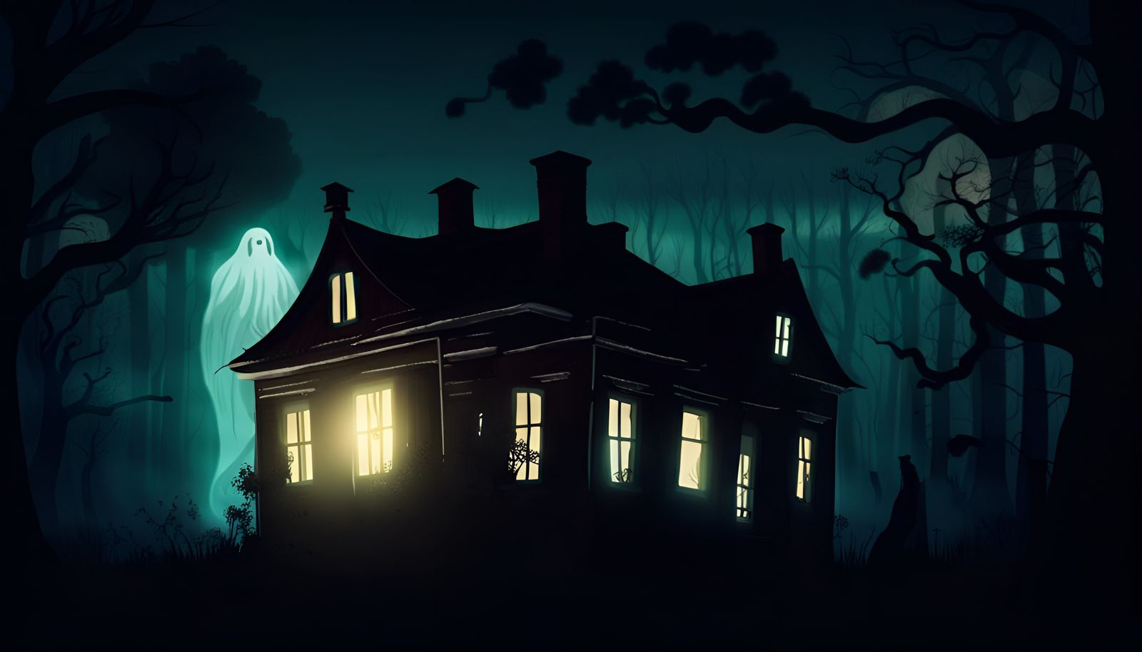 Haunted House with Ghost in Forest at Night