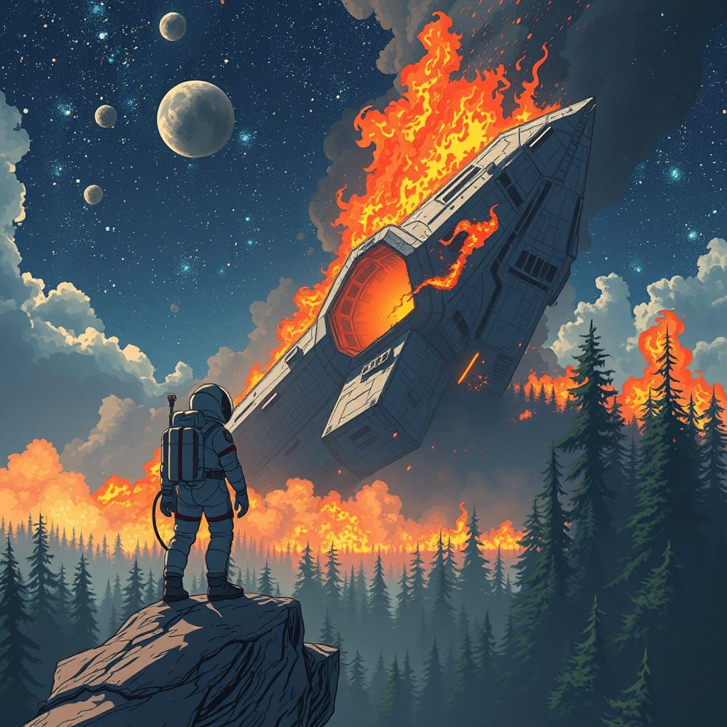 Anime Astronaut Stands Over Burning Space Ship Crash Site in...