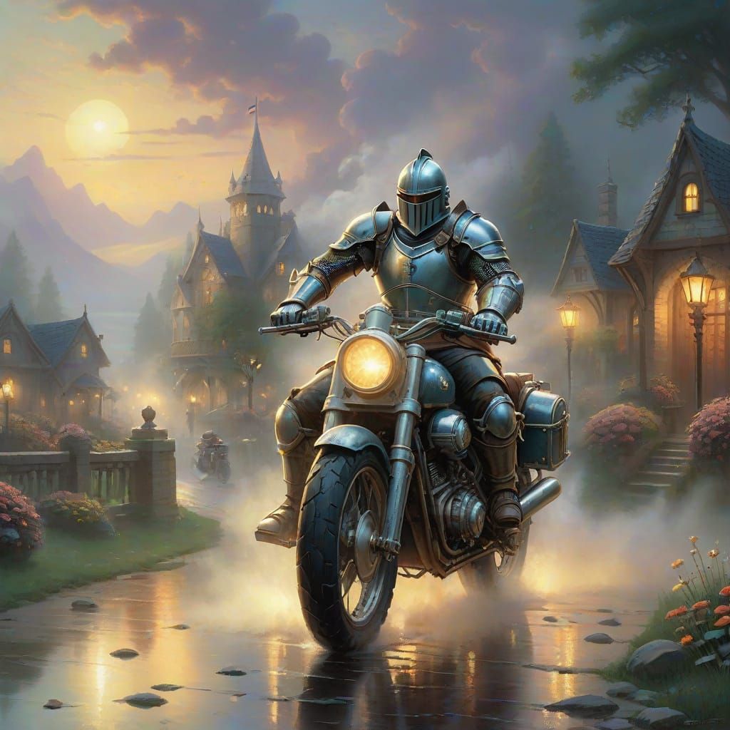 Knight on Motorcycle in Ethereal Fantasy Style