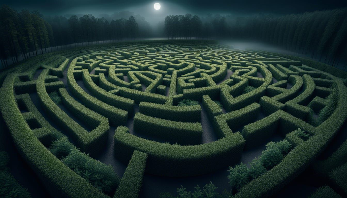 Atmospheric Hedge Maze at Night in 8K