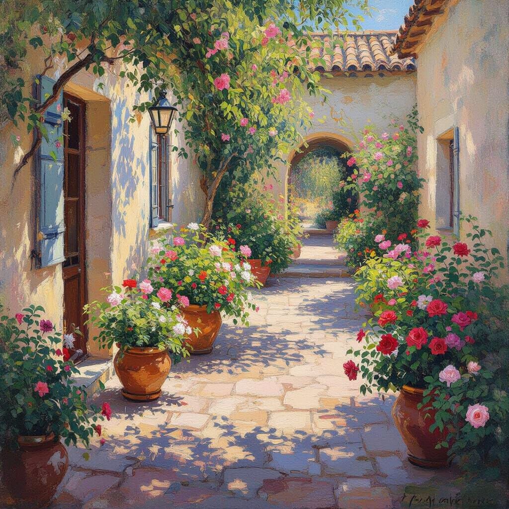 Impressionist Courtyard Garden with Flowers