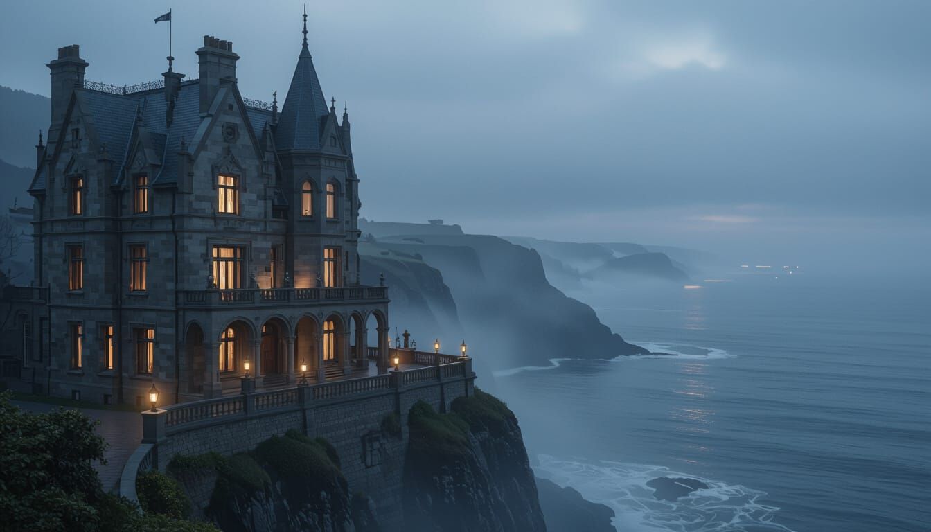 Gothic Mansion on Clifftop Overlooking Ocean