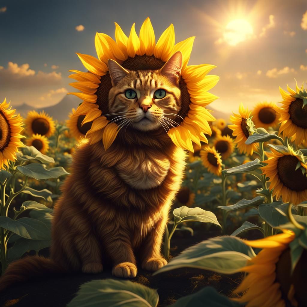 Gold Cat in Sunflower Field: Fantasy Art