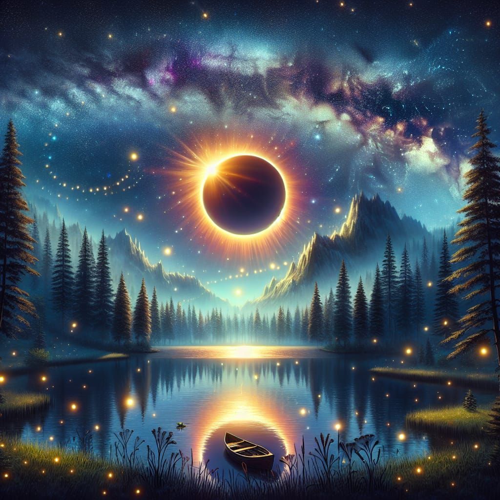 Magical Solar Eclipse Radiating Over Serene Lake