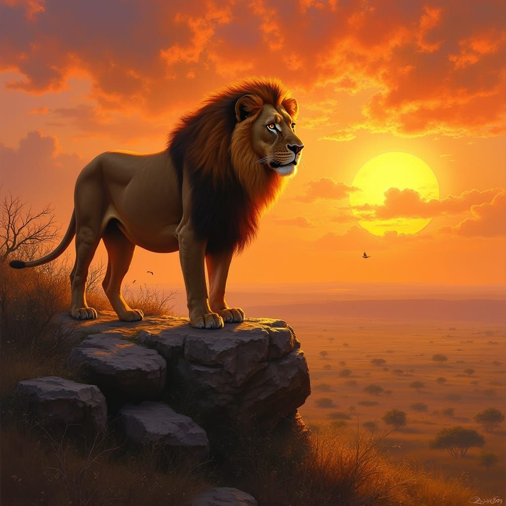 Majestic Lion Overlooking Savannah, in Oil Painting Style