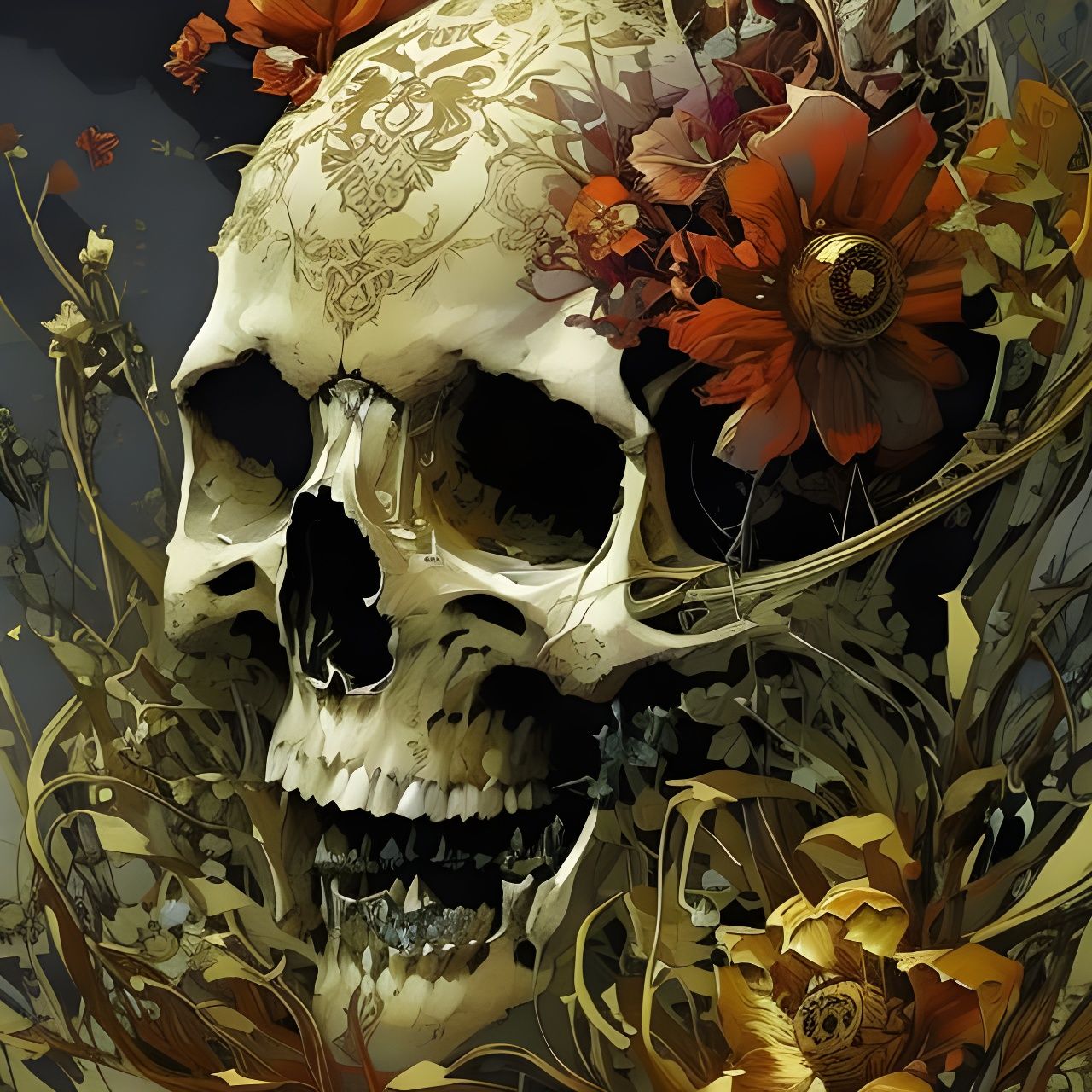 Golden Skull with Floral Adornments: Digital Painting
