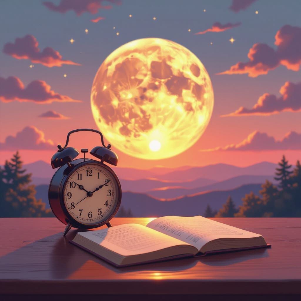 Magical Realism Desk Scene with Sunrise Moon