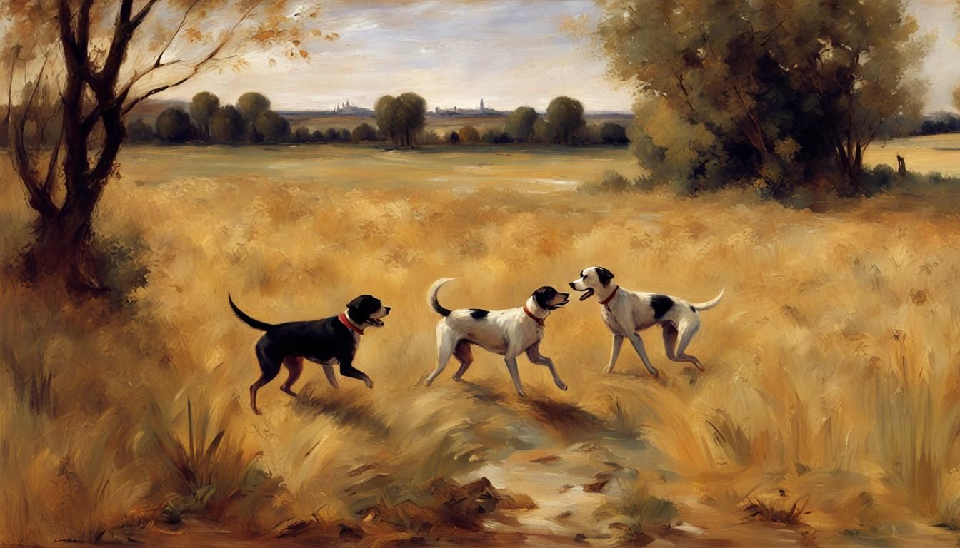 Dogs Play in Wheatfield: Corot-Inspired Autumn Scene