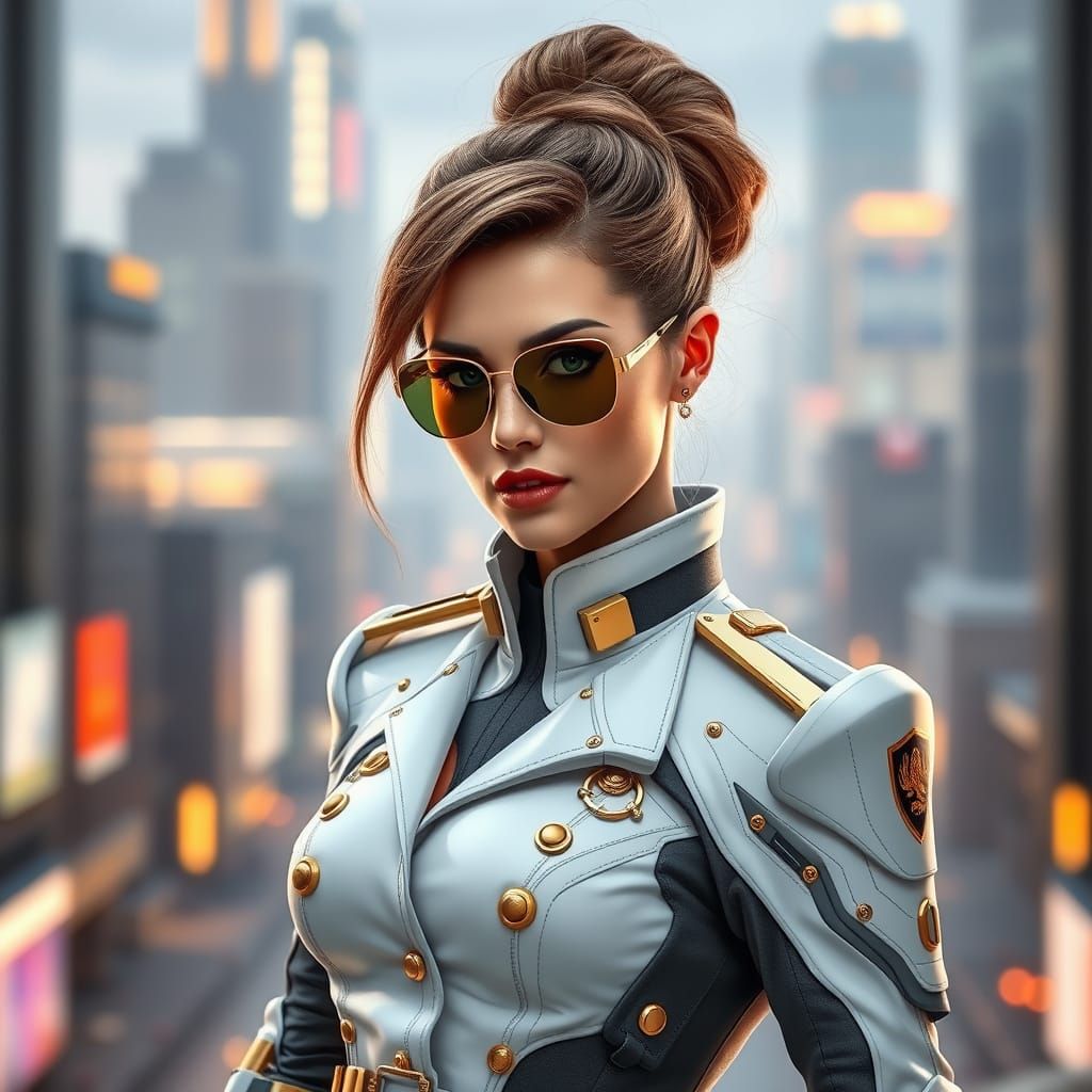 Elegant Cyberpunk Officer in Futuristic City