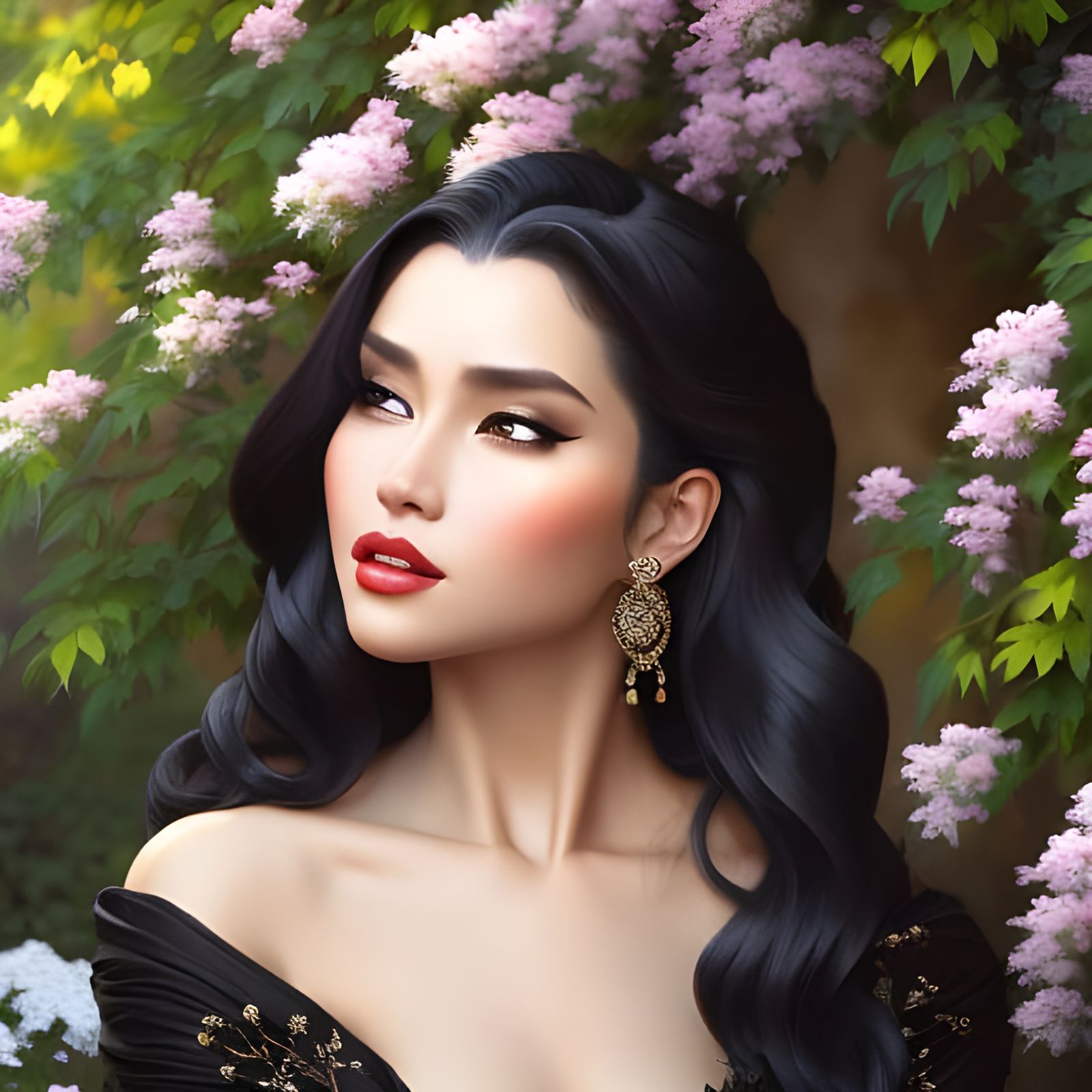 Elegant Woman in Black Dress, Hyperdetailed Portrait