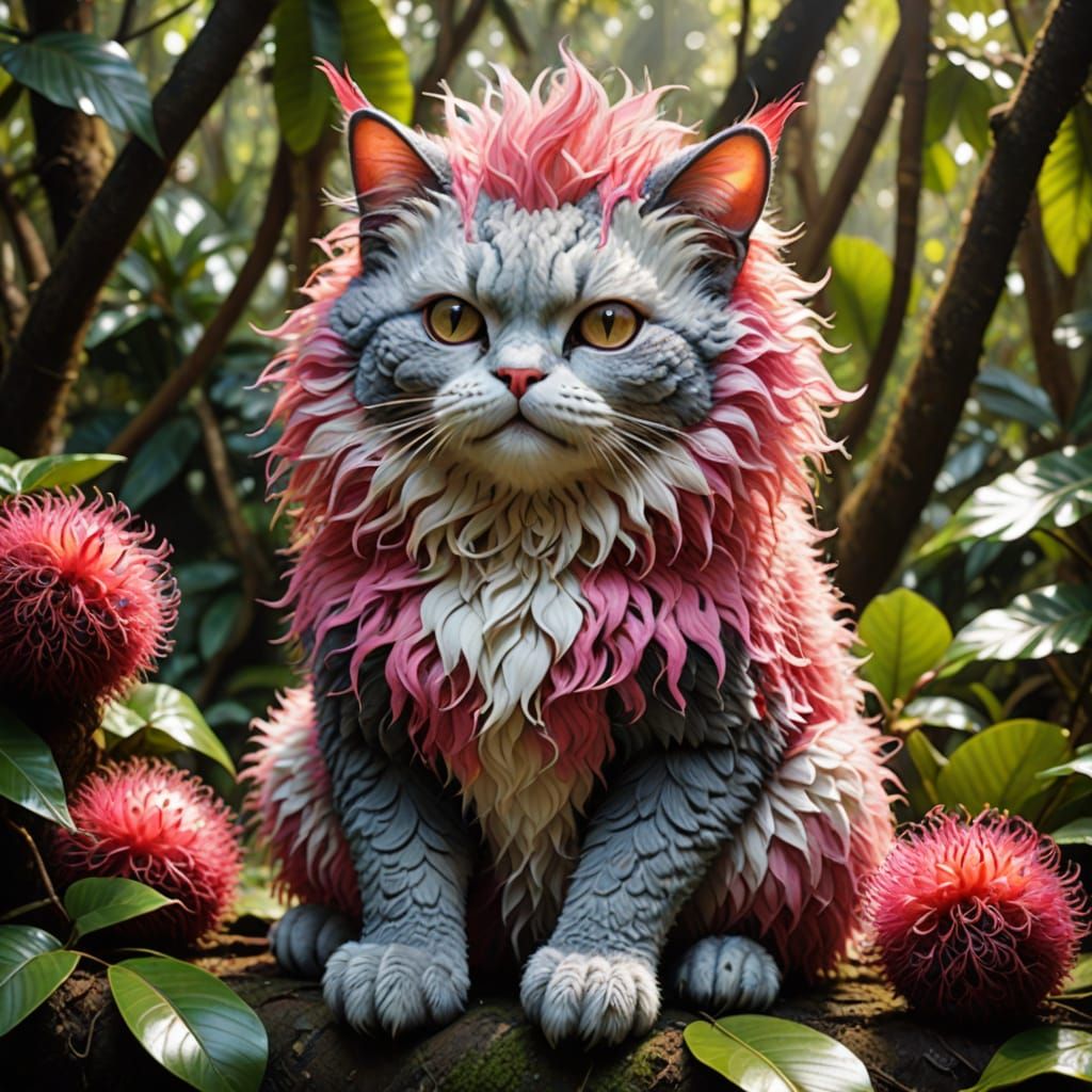 realistic Rambutan fruit cat hybrid