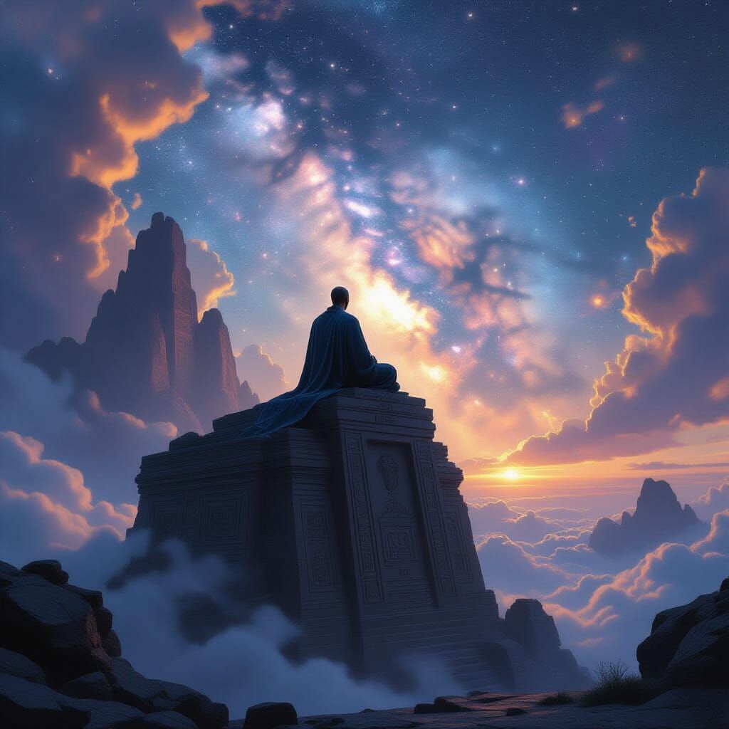 Monk Meditating on Floating Ruin in Cosmic Nebula