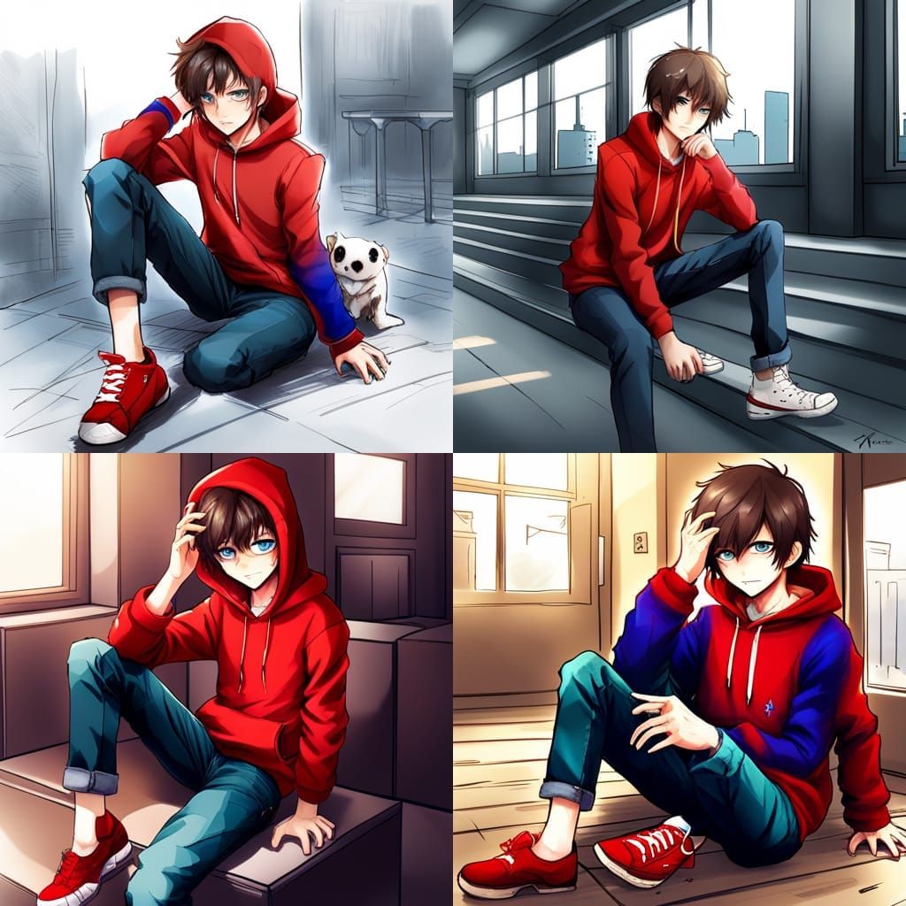 Anime Boy with Red Hoodie and Pale Skin