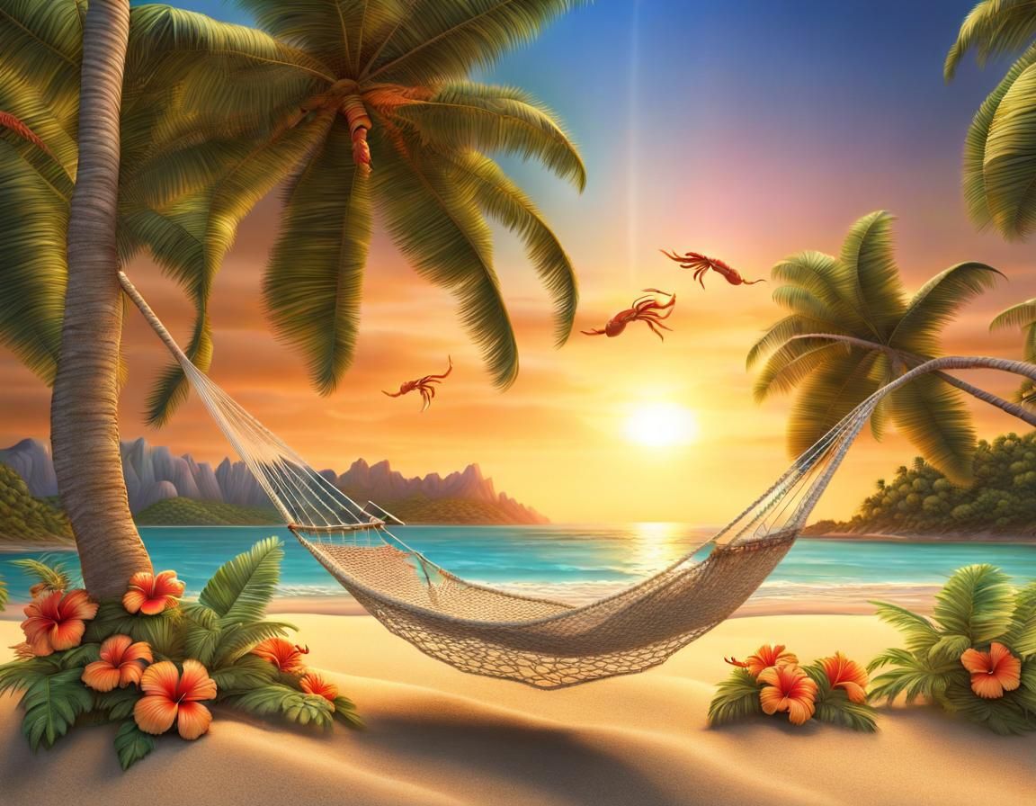 Tropical Beach Sunset with Palm Trees and Crabs