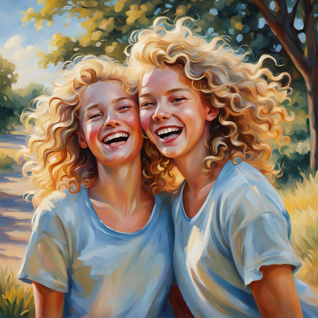 Blond Twins Laugh Together in a Sunny Impressionist Masterpi...