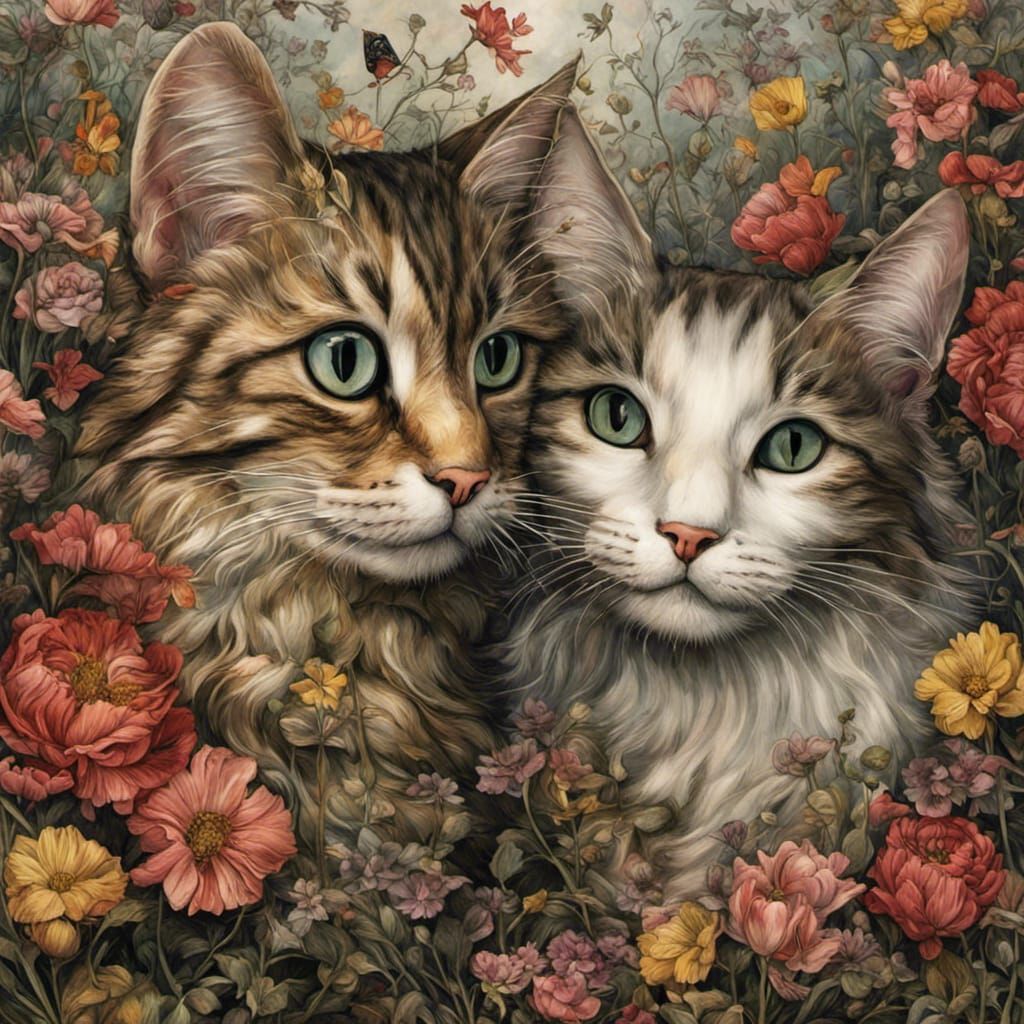 Cats Playing in Flowers, Storybook Illustration