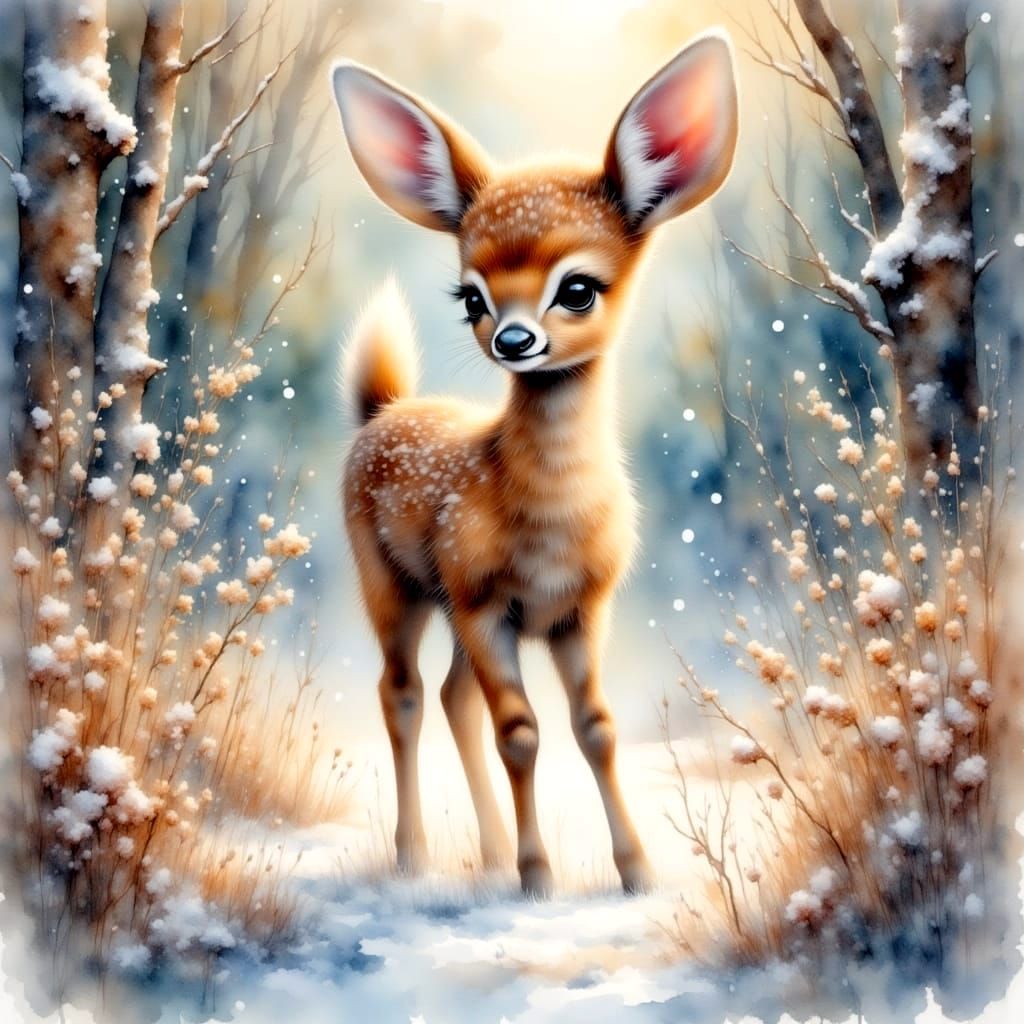 Enchanted Winter Fawn in Watercolor Style
