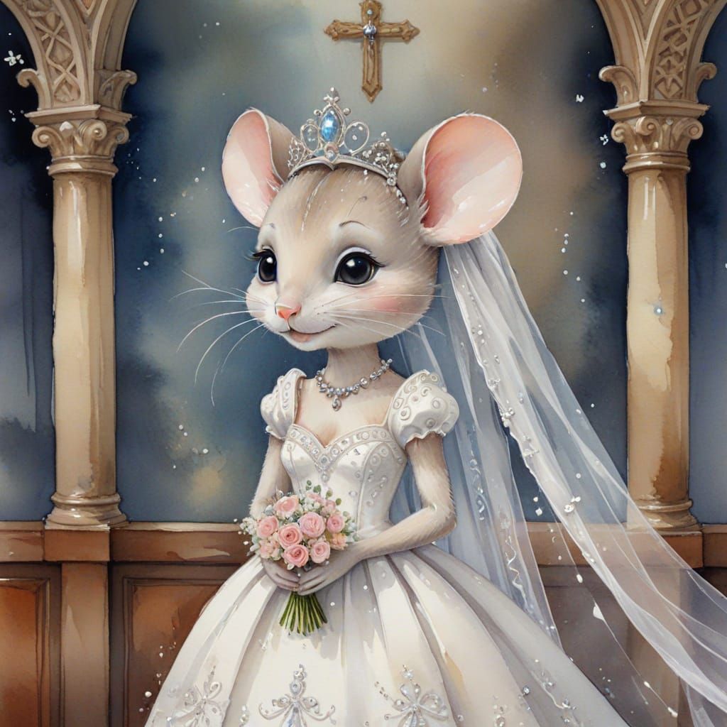 Whimsical Mouse Bride in Watercolor Wedding Scene